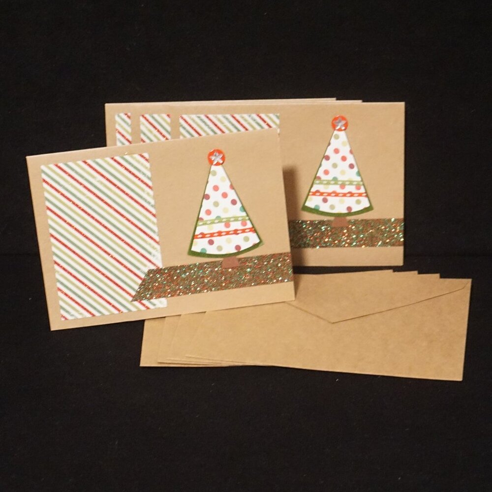 Set of 4 Kraft Holiday Christmas Handmade Greeting Cards with 3D Dot Tree